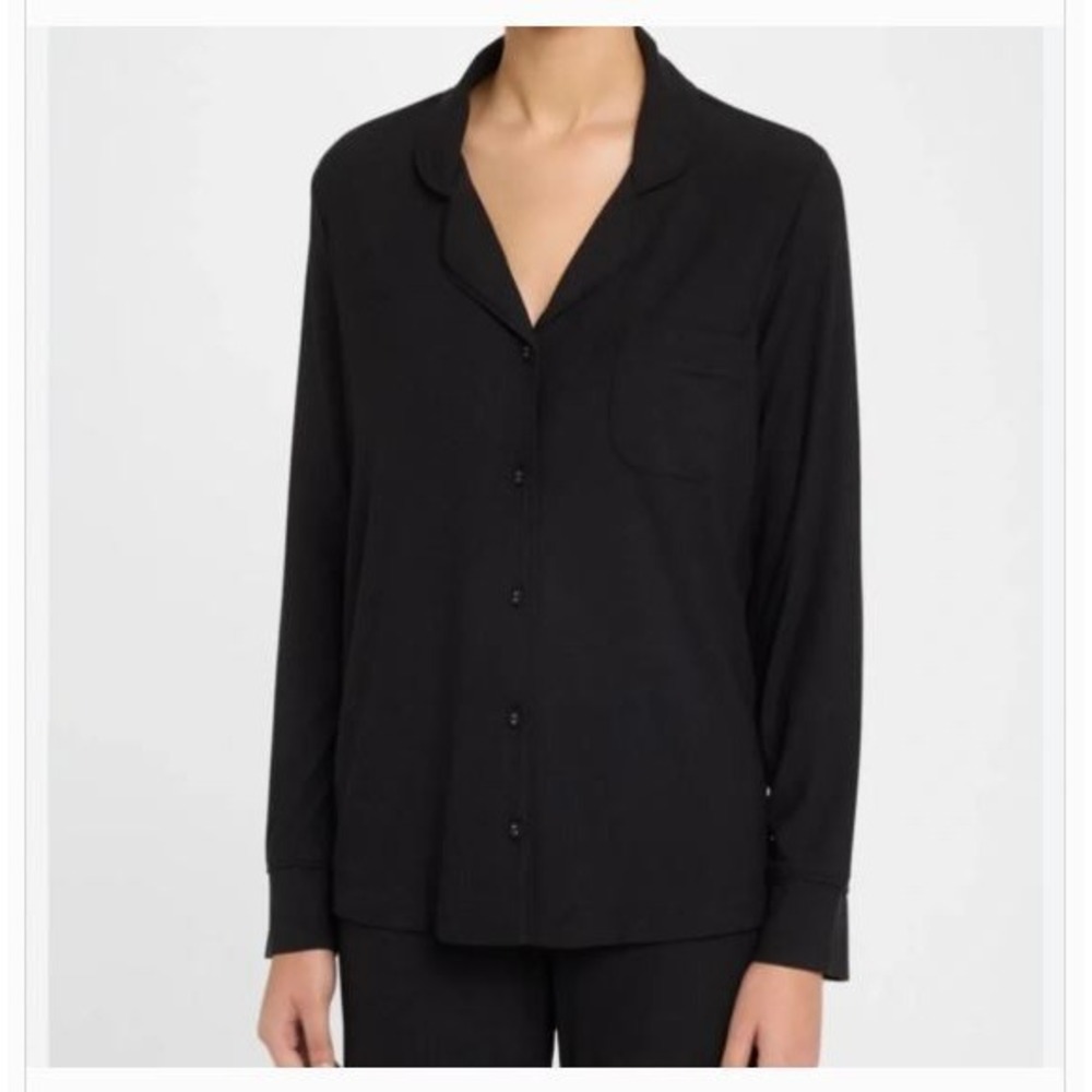 Skims Black Ribbed Knit Loungewear V-Neck Front button Long Sleeve Shirt  L
